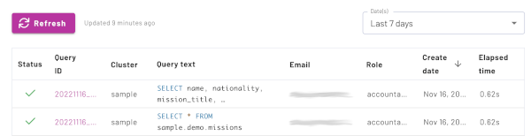 catalog explorer query history